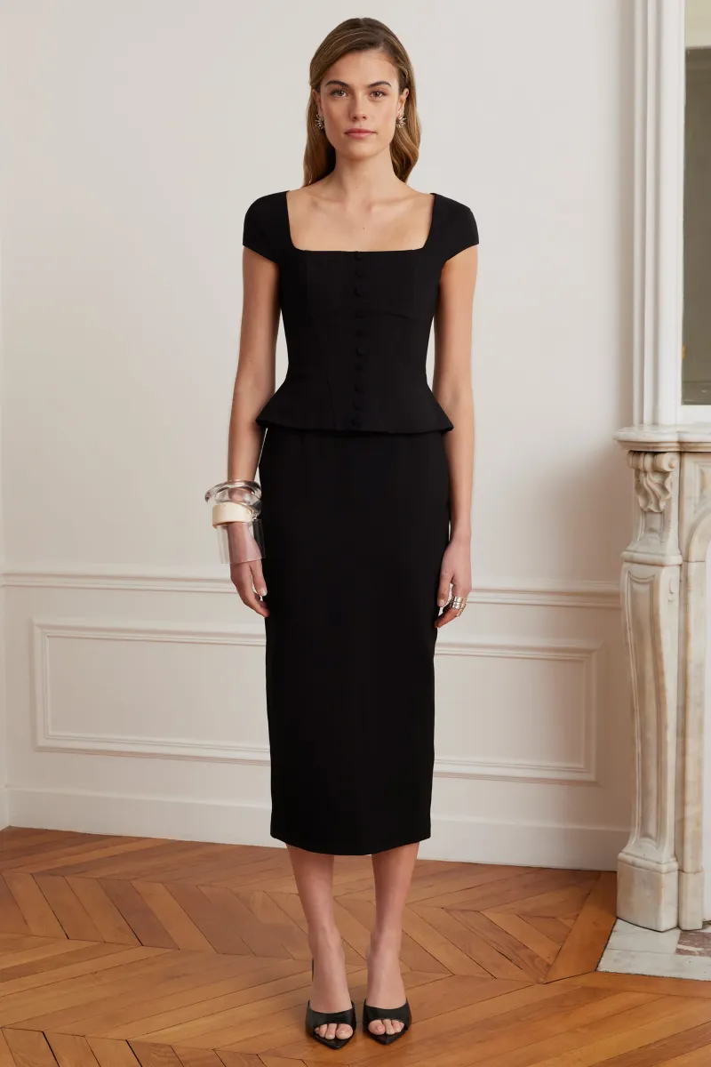 ELISA Corset Peplum Ponte Midi Dress In Black — image 1 of 5