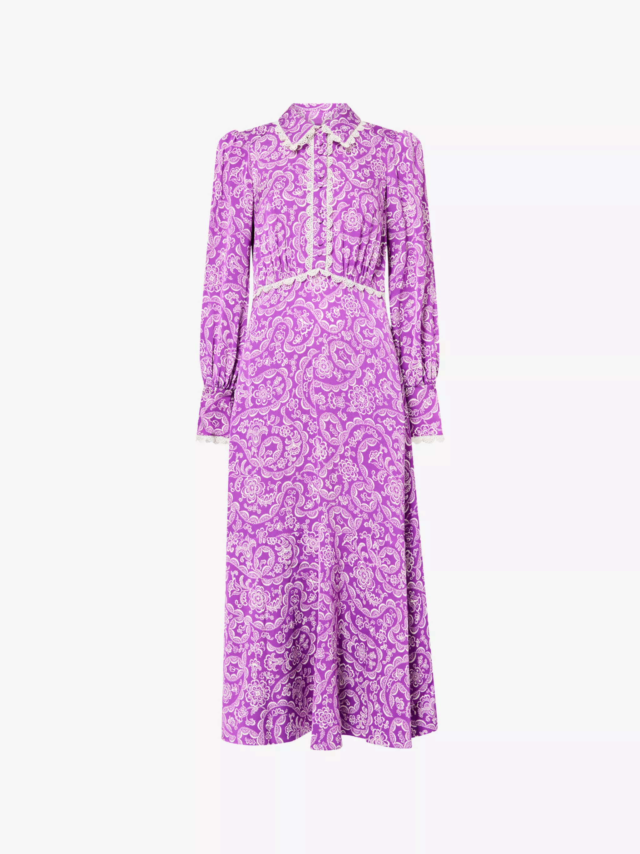 Floral-Print Lace-Trim Fit-And-Flare Crepe Maxi Dress