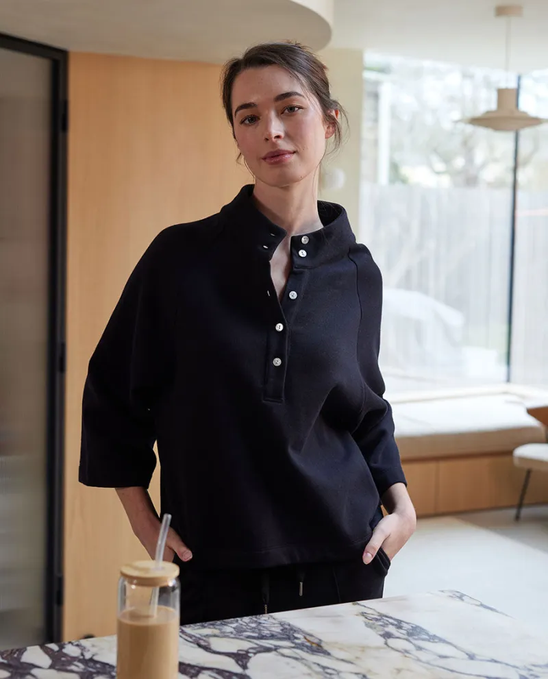 Womens Black Jersey Half-Button Sweatshirt