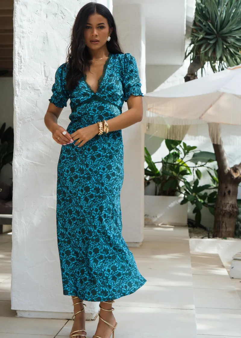 Green Floral Lace Trim V Neck Midi Dress