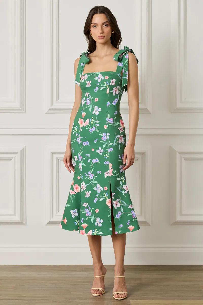 AMABELLA Tie Shoulder Fishtail Midi Dress in Green Floral Print — image 1 of 5