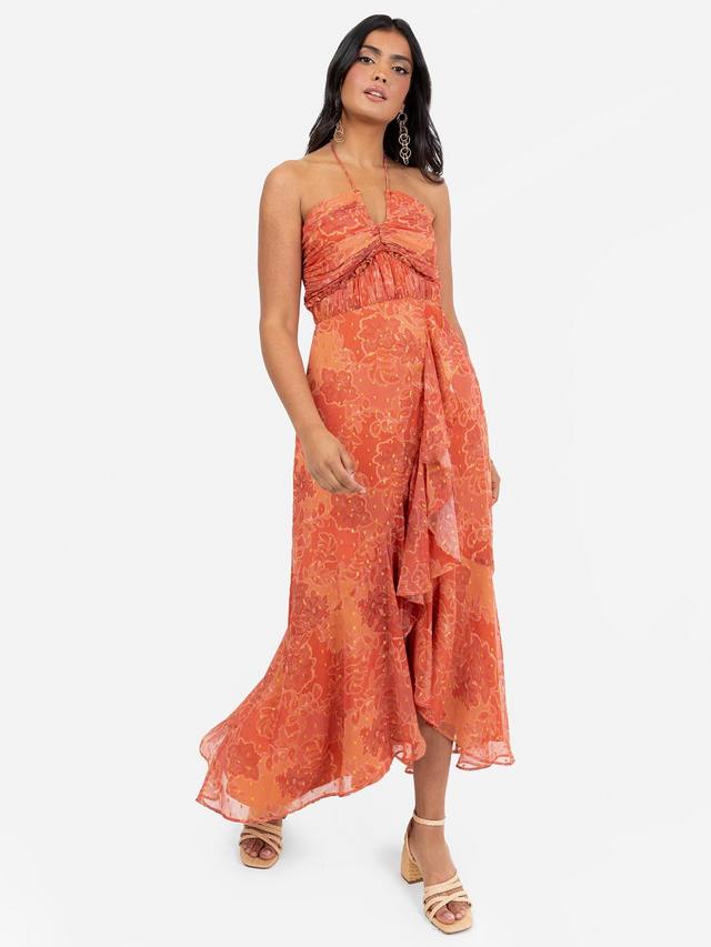 Retro Floral Midaxi Dress, Rust Chintz Print