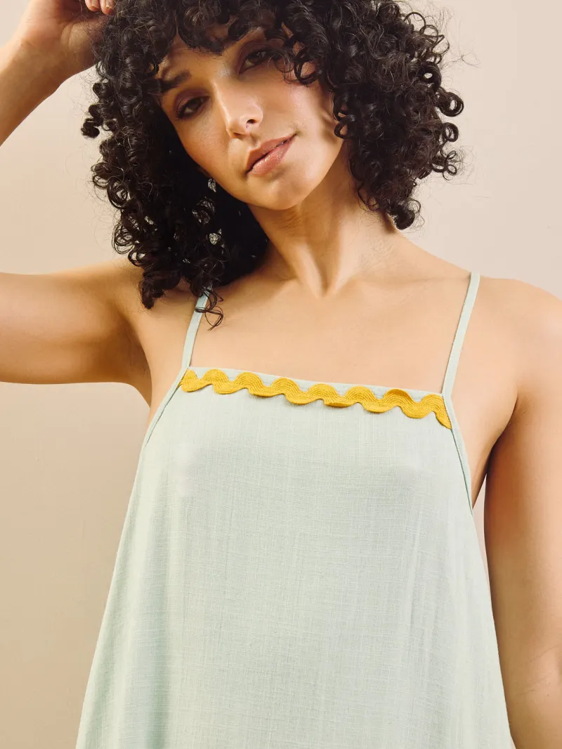 Aqua Blue with Gold Contrast Trim Linen Blend Apron Midi Night Dress