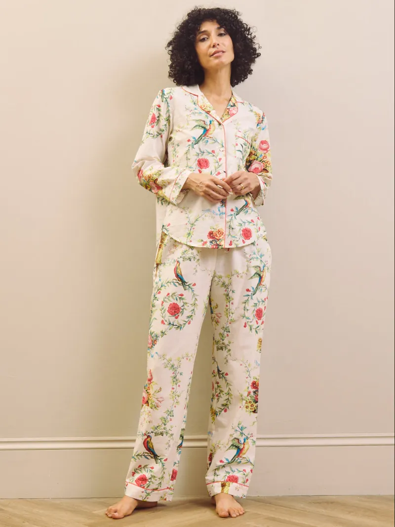 White Neo Classical Bouquet Cotton Traditional Pyjama Set