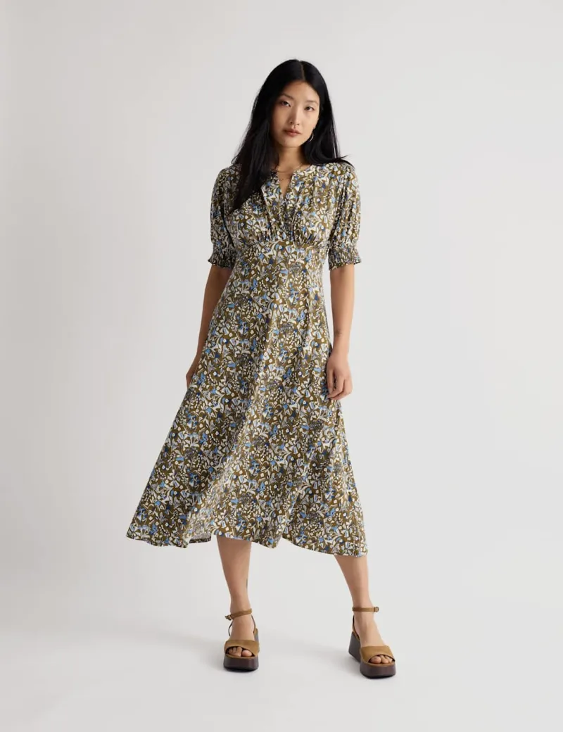 Cotton Rich Floral Midi Skater Dress Green Mix
