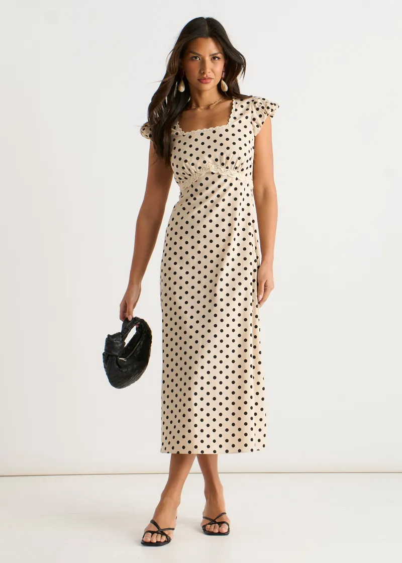 Cream Cotton Spot Print Lace Trim Midi Dress