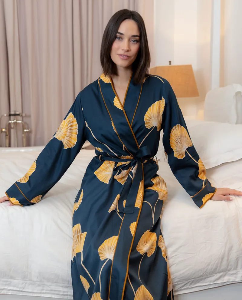 Sapphire Leaf Print Long Dressing Gown