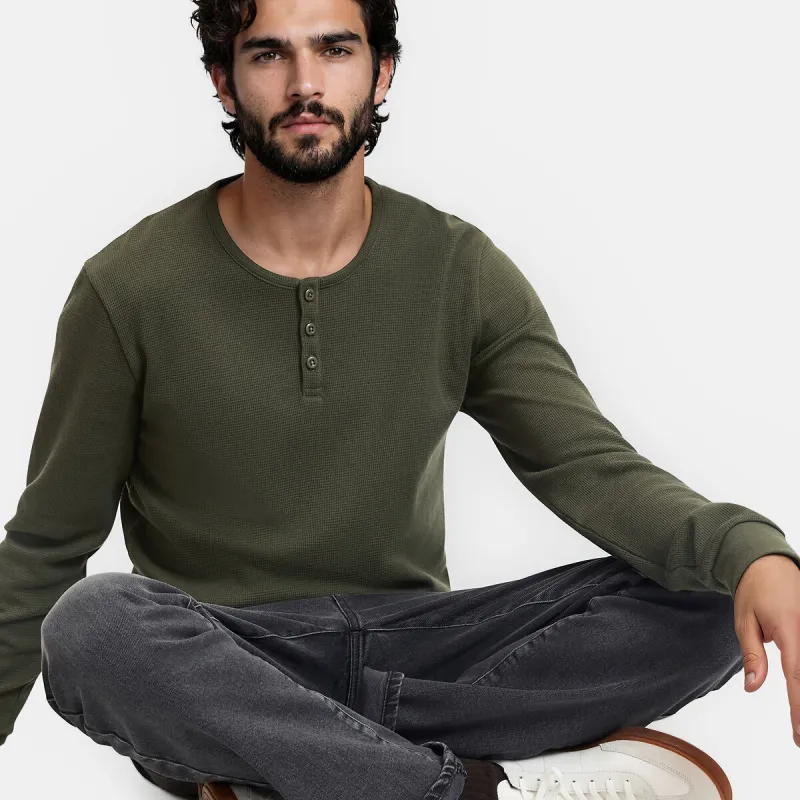 Heavyweight Jersey Waffle-Effect Long Sleeeve Grandad Collar T-Shirt — image 1 of 4