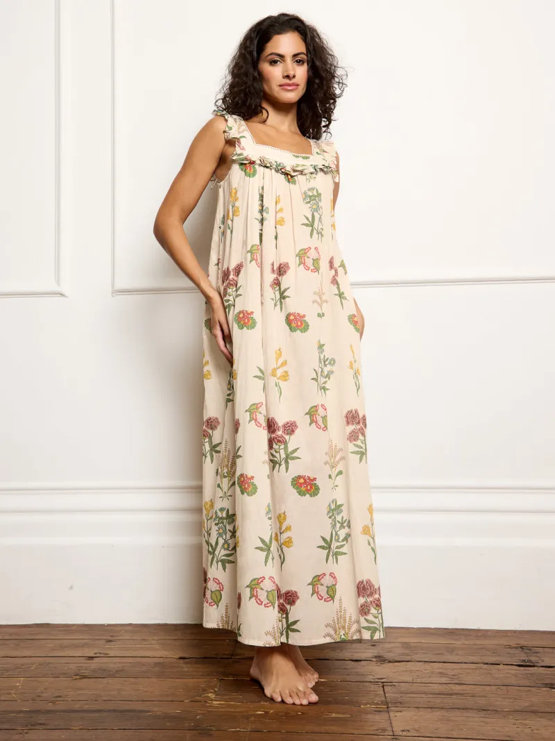 Cotton Square Neck Frill Nightdress Natural Wallpaper Floral