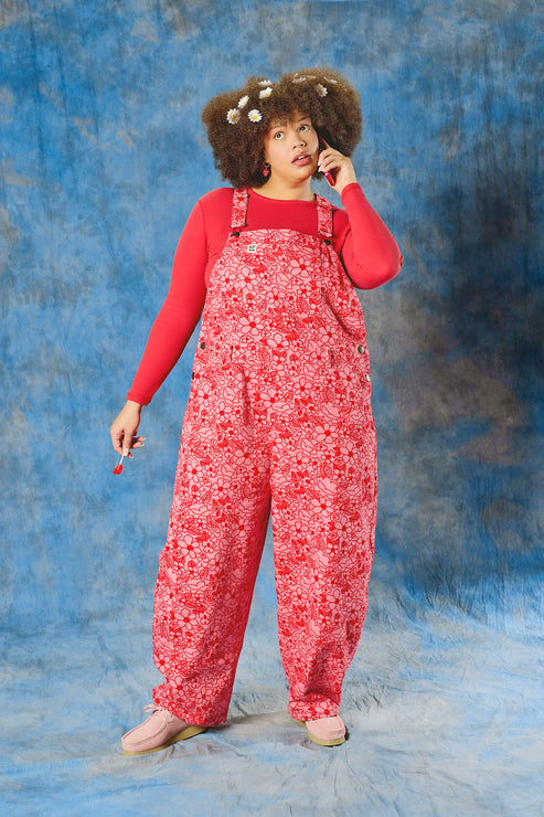 Toluca - Cotton Barrel Leg Dungarees in Pink & Red Kahlo Bloom