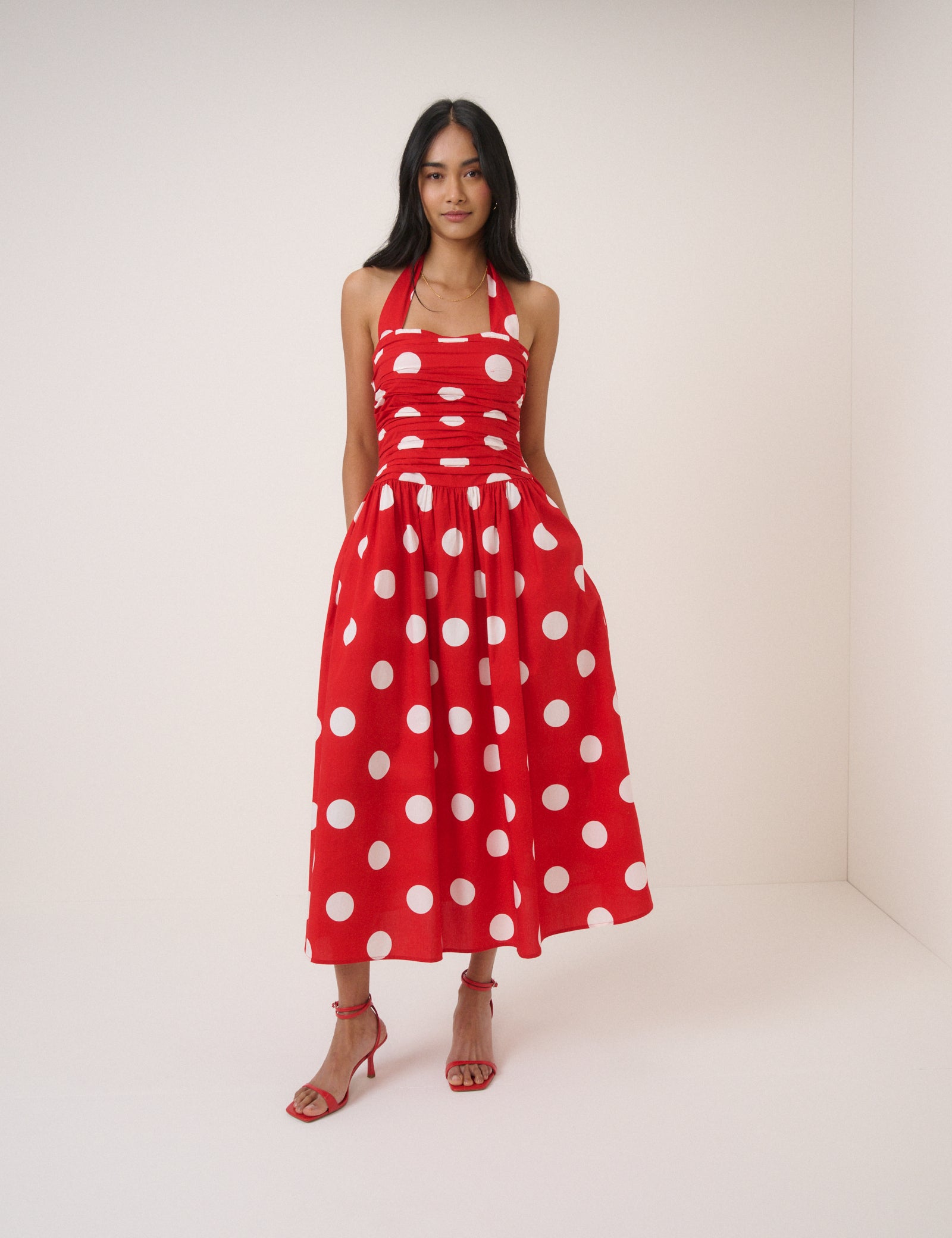 Red Polka Dot Halterneck Lilah Midi Dress