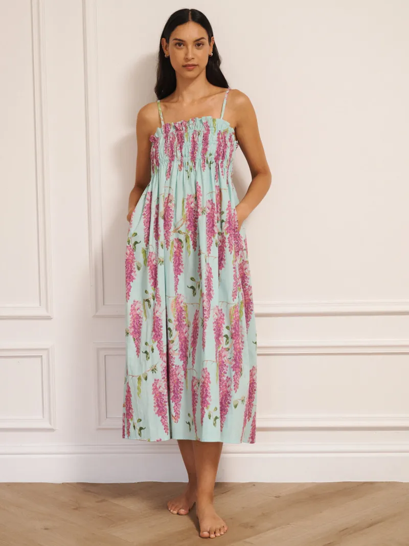 Womens Cotton Shirred Cami Midi Night Dress Duckegg Wisteria