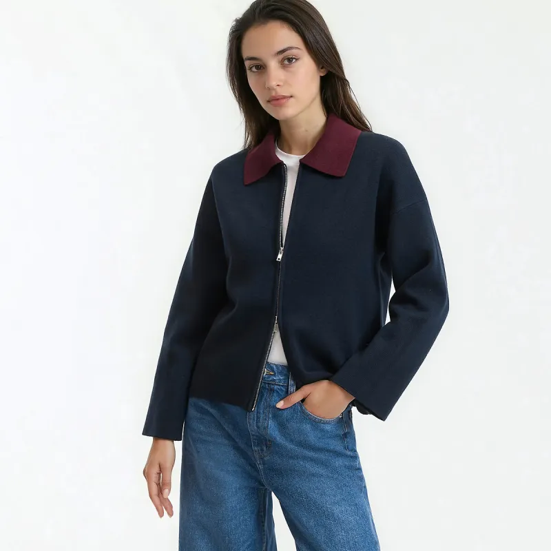 Contrasting Polo Collar Zipped Cardigan — image 1 of 4