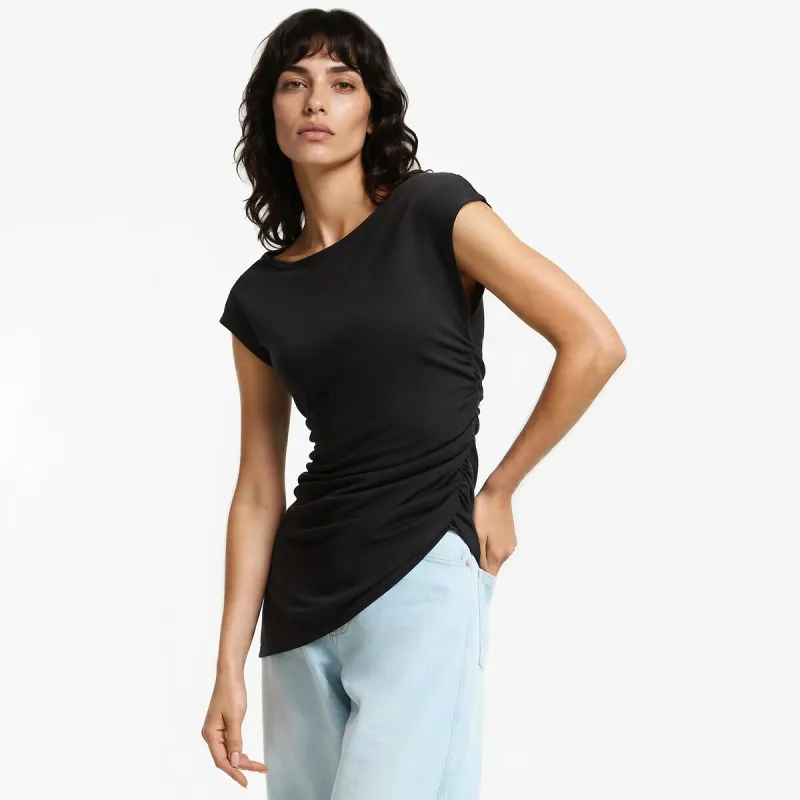 Draped Short Sleeve T-Shirt with Boat Neck — image 1 of 4