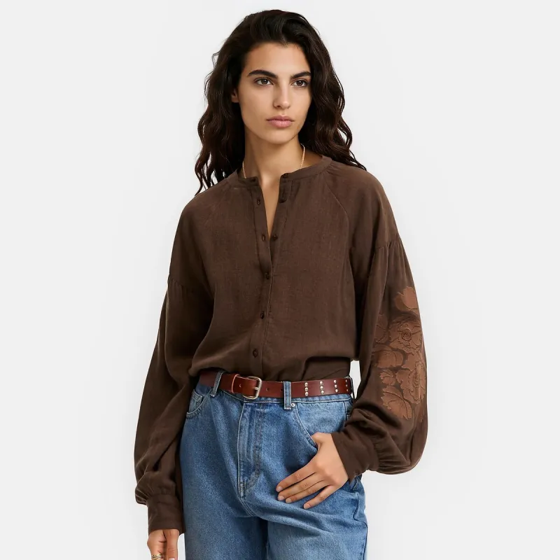 Embroidered Long Sleeve Crew Neck Blouse — image 1 of 4