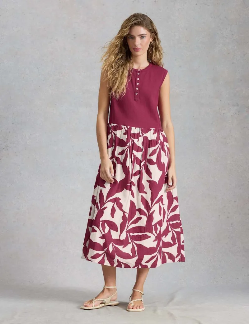 Pure Cotton Floral Round Neck Midi Waisted Dress Pink Mix